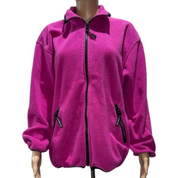London Fog Jackets & Blazers - London Fog Fuchsia Fleece Jacket Black Ribbing Pockets Cinched Hem